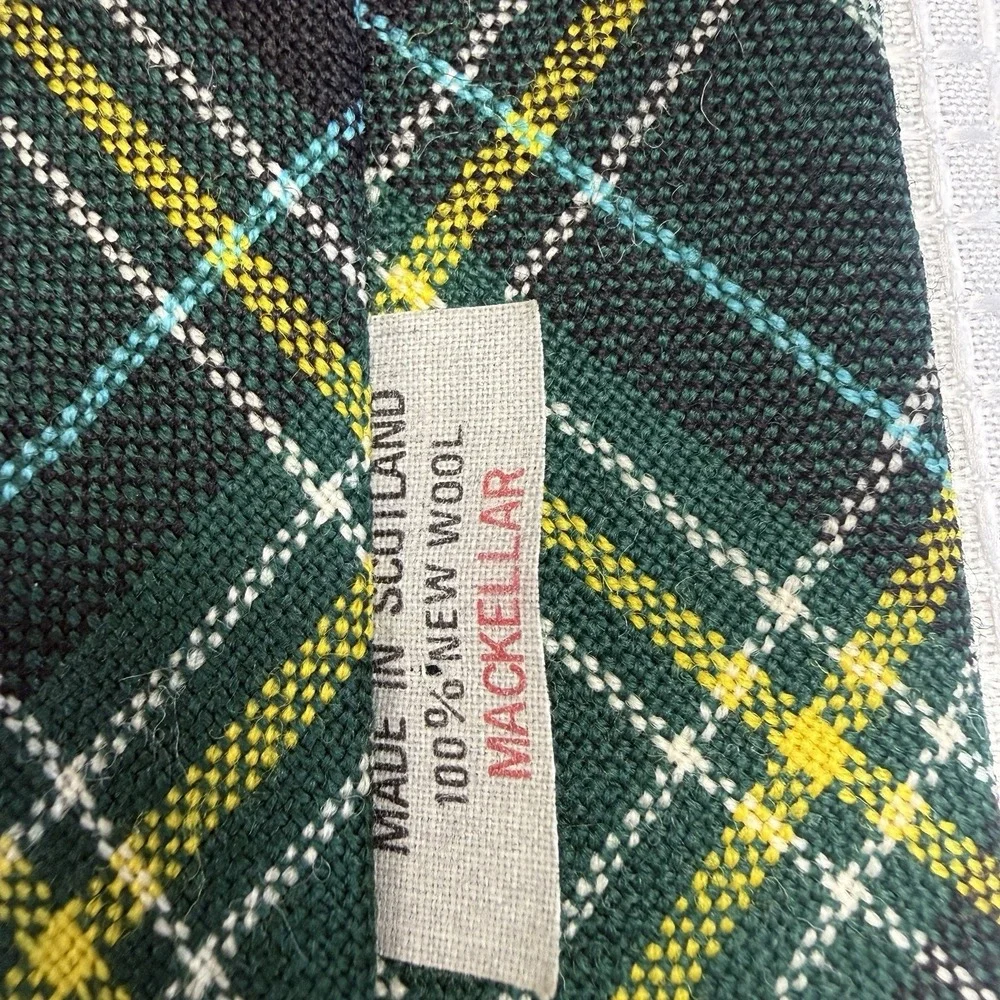 Vintage Mackellar Necktie Tie Green Yellow Tartan Plaid 100% Wool Scottland Frat